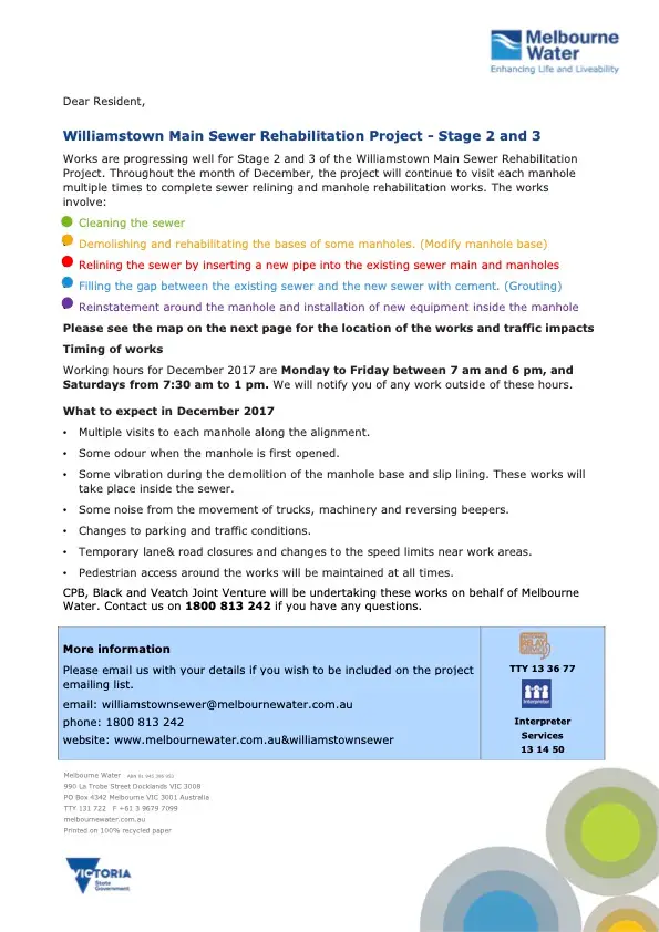 Williamstown sewer project construction notification map and resident update Melbourne Water