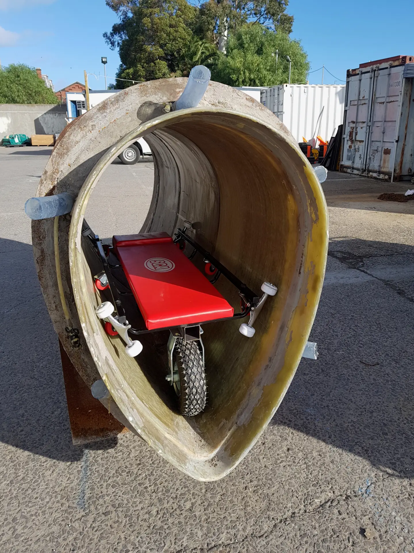 Traverse entry equipment inside sewer pipe slip lining process Melbourne Water