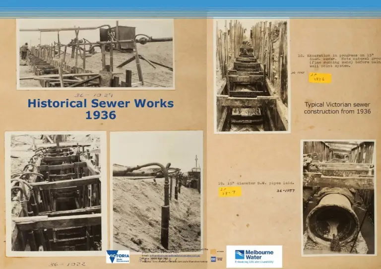 Historical sewer construction 1936 open trench method Melbourne Water archives