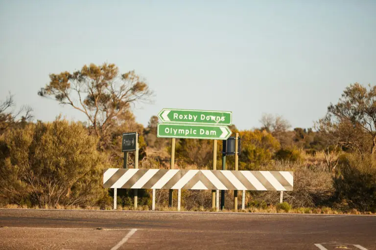Road intersection sign showing directions to Roxby Downs and Olympic Dam South Australia