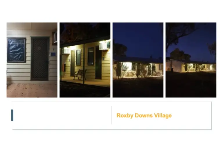 Roxby Downs village accommodation units Olympic Dam workforce housing at night