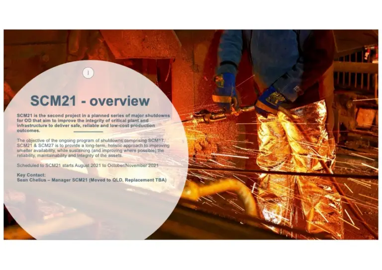 SCM21 smelter shutdown maintenance works Olympic Dam BHP industrial operations