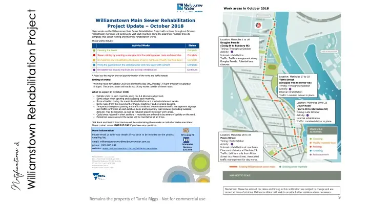 Community notification and work staging map for Williamstown Main Sewer Rehabilitation Project by Melbourne Water