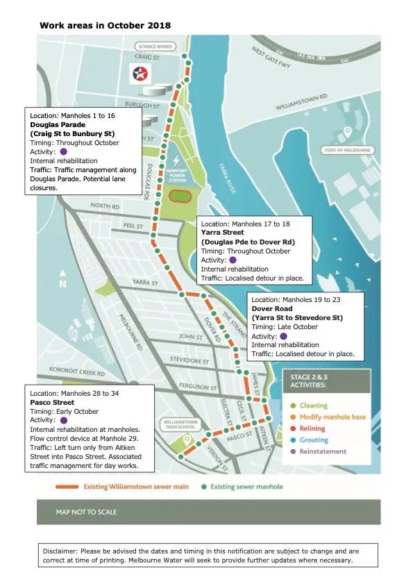 Williamstown sewer project construction update map multiple work zones Melbourne Water notification