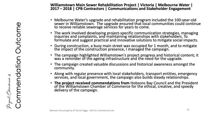 Project outcomes and stakeholder engagement results for Williamstown Sewer Rehabilitation Project, Melbourne Water