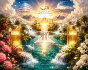 Illustration of Jannah (Paradise) featuring golden gates, flowing rivers, gardens in bloom, waterfalls, swans, fruit trees, mountains and a radiant palace beneath the Seven Heavens, symbolising the Islamic vision of eternal peace and divine reward.
