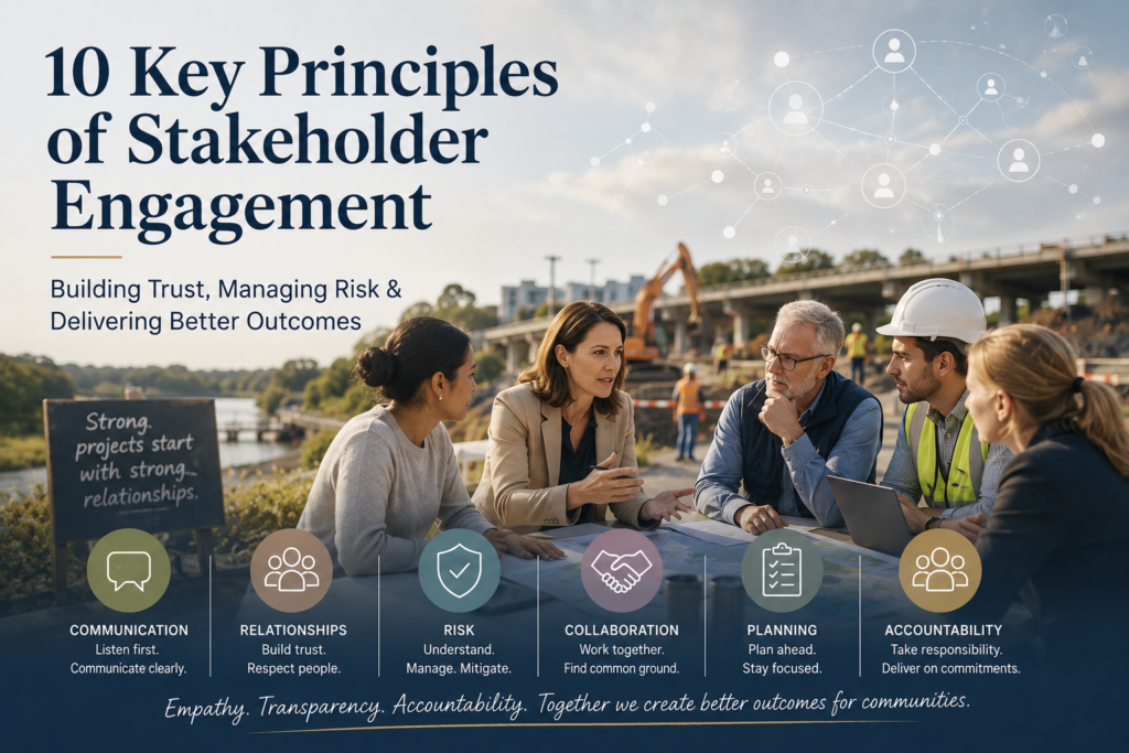 Professional stakeholders and project team members collaborating during an infrastructure project consultation, representing the key principles of stakeholder engagement, communication, trust, risk management and successful project delivery.