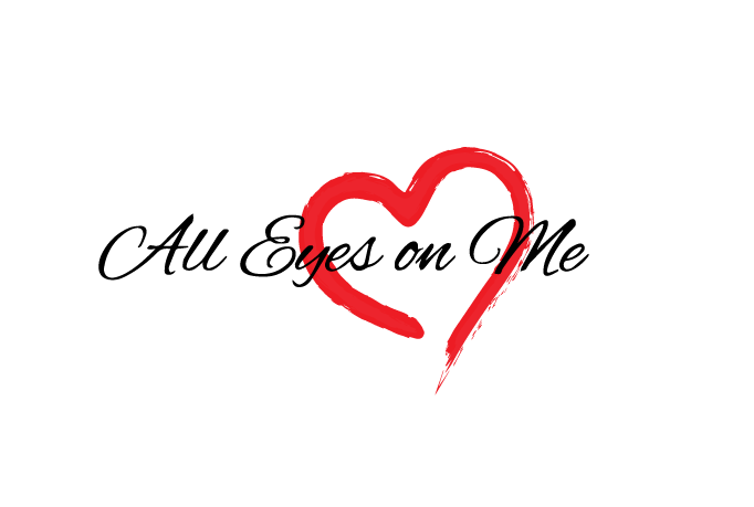 All Eyes on Me logo featuring a red heart brushstroke design on a black background