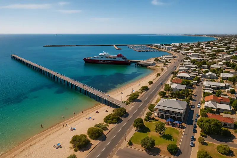 Aerial view of Wallaroo Jetty, marina and coastline on South Australia's Yorke Peninsula with the Spencer Gulf ferry docked in the harbour.