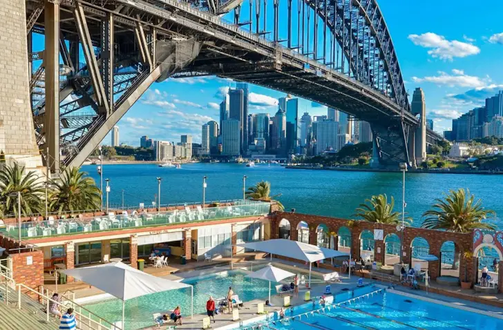 North Sydney Olympic Pool beneath Sydney Harbour Bridge with harbour views and aquatic facilities.