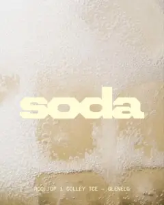 Soda Rooftop Bar and Restaurant Glenelg branding artwork with champagne-inspired background and minimalist logo.