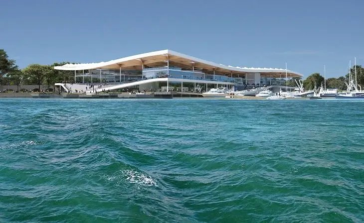 The New Sydney Fish Market at Blackwattle Bay with waterfront views and contemporary wave-inspired architecture.