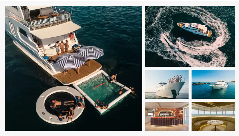 YOT Viva luxury superyacht on Sydney Harbour featuring premium entertainment spaces, onboard hospitality, swimming platform, spa pool and luxury event facilities.