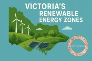 Victoria's Renewable Energy Zones featuring wind turbines, solar panels and green landscapes representing renewable energy development and transmission planning.