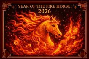 Year of the Fire Horse 2026 artwork featuring a powerful golden horse emerging through flames, symbolising momentum, freedom, transformation and new beginnings in the Chinese zodiac.