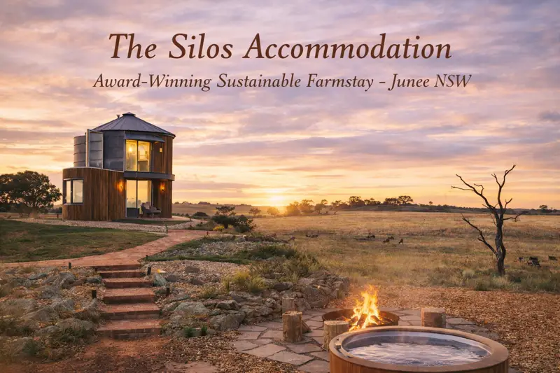 The Silos Accommodation in Junee NSW, an award-winning sustainable farmstay created from a converted grain silo, featuring a hot tub, fire pit, and sweeping rural views at sunset.