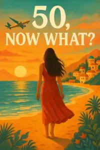 Illustrated book cover titled "50, Now What?" featuring a woman standing barefoot on a beach at sunset, gazing toward the horizon as an aircraft flies overhead, symbolising freedom, reinvention, travel and new beginnings after fifty.