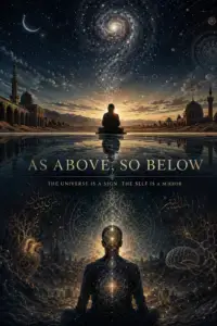 A contemplative figure sits beneath a star-filled sky as a galaxy spirals overhead, symbolising the connection between the universe and the inner self through the concept of "As Above, So Below."