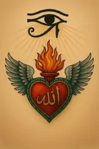 Artwork featuring the Eye of Horus shining above a winged flaming heart, symbolising spiritual awakening, inner vision, intuition, divine love, personal transformation and the connection between wisdom and the heart.