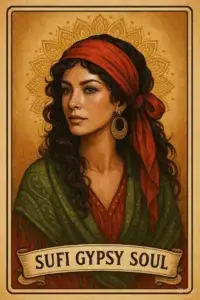 Vintage-inspired portrait of a woman in a red headscarf and green shawl, symbolising the spirit of a wandering seeker, with the words "Sufi Gypsy Soul" beneath.