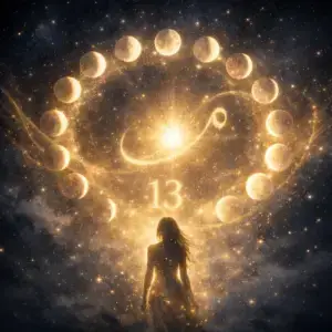 Mystical artwork depicting thirteen lunar phases encircling a radiant cosmic light, with a silhouetted woman standing beneath the number 13, symbolising spiritual awakening, divine timing, lunar wisdom and personal transformation.