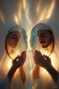 Two spiritual companions face one another through mirrored reflections, symbolising the Sufi path of mutual polishing, remembrance, sacred companionship and the awakening of the heart.