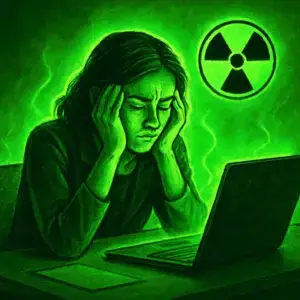 Illustration of a stressed professional sitting at a laptop under a glowing green warning light, symbolising workplace toxicity, burnout, psychological stress and the hidden impact of unhealthy work environments.