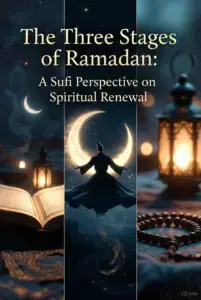 Illustration depicting the three stages of Ramadan from a Sufi perspective, featuring a whirling dervish beneath a crescent moon, an open Quran, prayer beads and lanterns symbolising mercy, forgiveness and spiritual liberation.