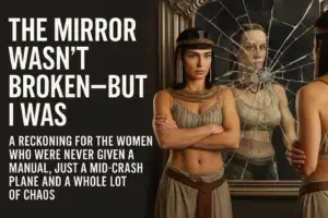 Woman standing before a shattered mirror, symbolising trauma, self-discovery, resilience and the journey of reclaiming personal power after adversity.