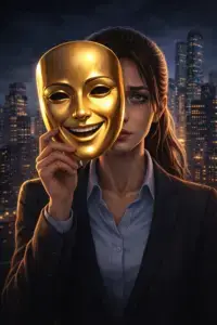 Professional woman holding a golden smiling mask while revealing a tired and emotional expression beneath, symbolising the hidden cost of career success and workplace burnout.
