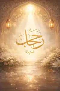 Spiritual artwork symbolising the sacred month of Rajab, featuring Islamic motifs, soft celestial light and imagery representing reflection, remembrance, divine connection and the inward journey of the heart.