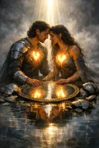 Two figures with glowing hearts sit beside a reflective mirror as their armour cracks away, symbolising sacred companionship, emotional healing, vulnerability and spiritual awakening.
