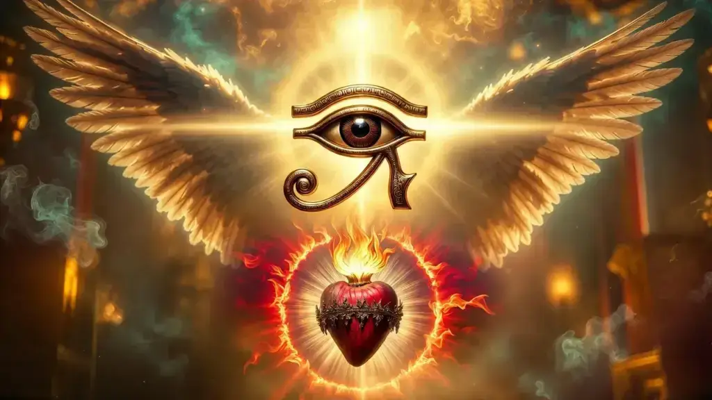 Symbolic artwork featuring the Eye of Horus and the Sacred Heart illuminated by light and wings, representing spiritual awakening, inner vision, divine love and the convergence of ancient wisdom with mystical faith.