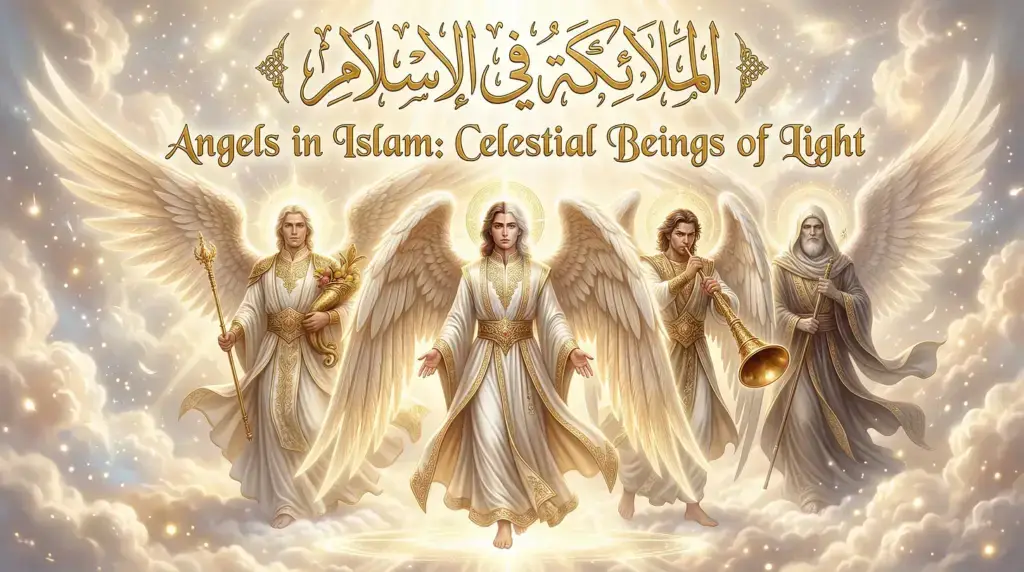 Four luminous angels representing the major archangels in Islam standing among heavenly clouds, symbolising revelation, sustenance, resurrection and the angel of death.