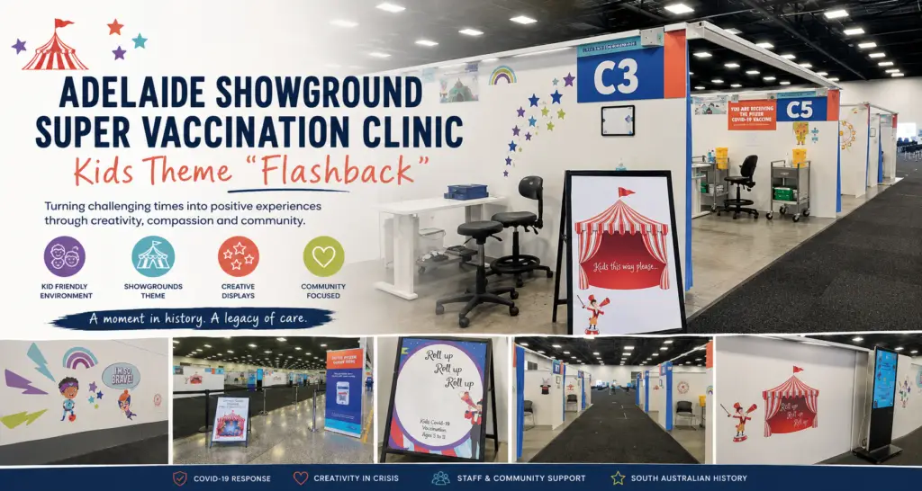 Adelaide Showground Super Vaccination Clinic featuring a colourful circus-themed children’s COVID-19 vaccination environment designed to create a more engaging and less intimidating public health experience during the pandemic.