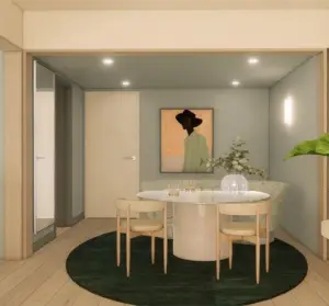 Artist impression of a redesigned suite at Adina Darling Harbour, showcasing contemporary interiors inspired by Sydney Harbour's natural colours and waterfront setting.