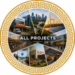 All projects overview showing infrastructure, government, energy, buildings, and community projects within a circular gold border