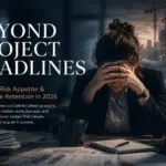 Burnout and workforce pressure concept featuring an exhausted professional surrounded by project deadlines, reporting demands and operational stress within a high-pressure corporate and infrastructure delivery environment.