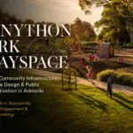 Bonython Park Playspace in Adelaide featuring inclusive playground design, landscaped public spaces and families enjoying community infrastructure within the Adelaide Park Lands at golden hour.