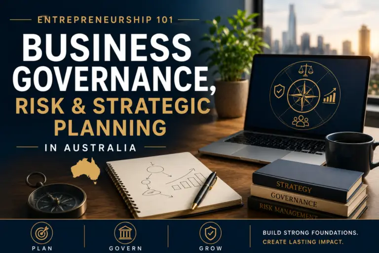 Business governance, risk management and strategic planning concept featuring modern entrepreneurship, leadership, compliance, financial planning and corporate strategy within a professional Australian business environment.