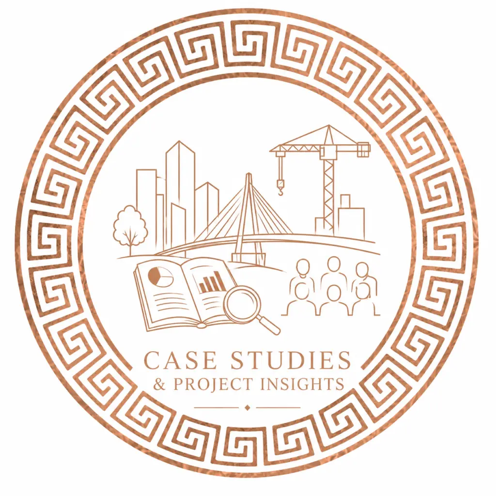 Case Studies and Project Insights emblem featuring infrastructure, community engagement, research and project delivery symbols within a copper-toned circular design.