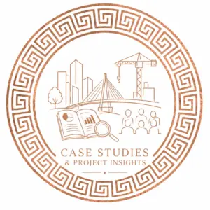 Case Studies and Project Insights emblem featuring infrastructure, community engagement, research and project delivery symbols within a copper-toned circular design.