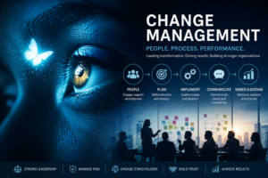 Change management and organisational transformation concept featuring leadership, stakeholder engagement, communication, strategy workshops and collaborative business planning within a modern corporate environment.