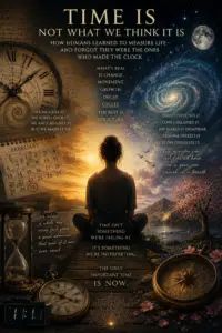 Conceptual artwork representing the nature of time, featuring clocks, celestial imagery, cosmic movement and symbols of cycles, change and human perception.