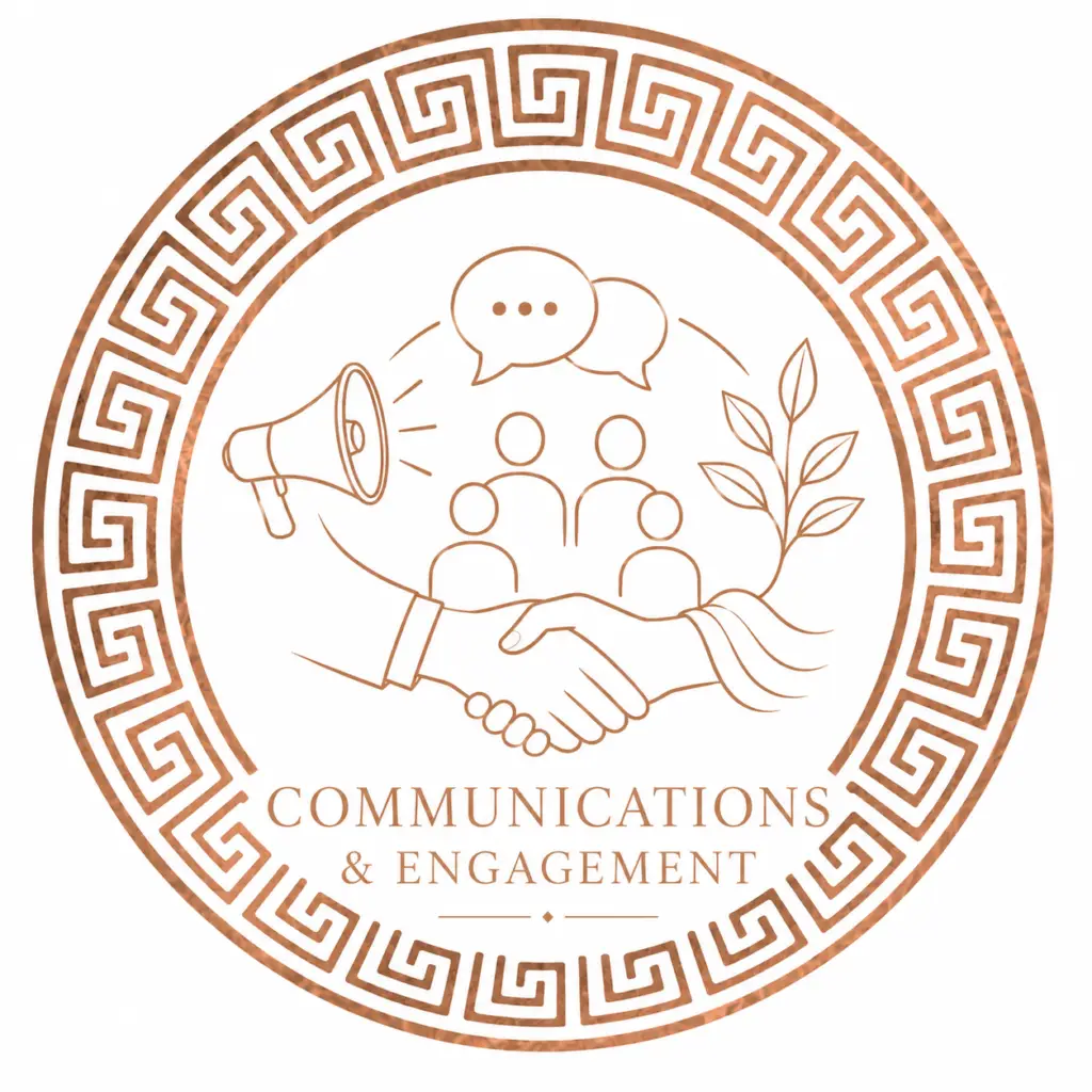 Communications and Engagement emblem featuring community, stakeholder engagement, communication, collaboration and relationship-building symbols within a copper-toned circular design.