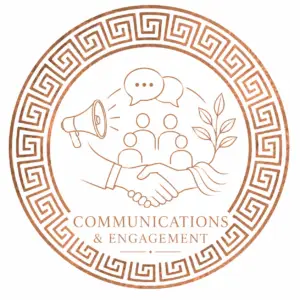 Communications and Engagement emblem featuring community, stakeholder engagement, communication, collaboration and relationship-building symbols within a copper-toned circular design.