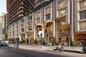 Artist impression of the future Crowne Plaza Parramatta hotel and mixed-use development opposite Parramatta Station in Western Sydney.
