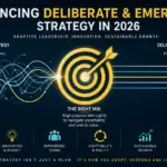 Modern corporate strategy infographic illustrating the balance between deliberate and emergent strategy through adaptive leadership, innovation and strategic agility in 2026.