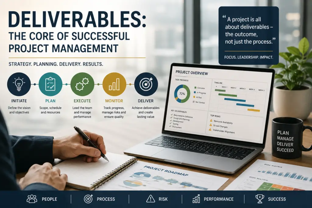 Modern project management concept image featuring strategic planning, deliverables, governance frameworks, project dashboards and leadership-focused delivery within a contemporary corporate environment.