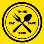 Think Eat Save 2015 sustainability campaign logo featuring a fork and spoon icon promoting food waste reduction and environmental awareness through OzHarvest Australia
